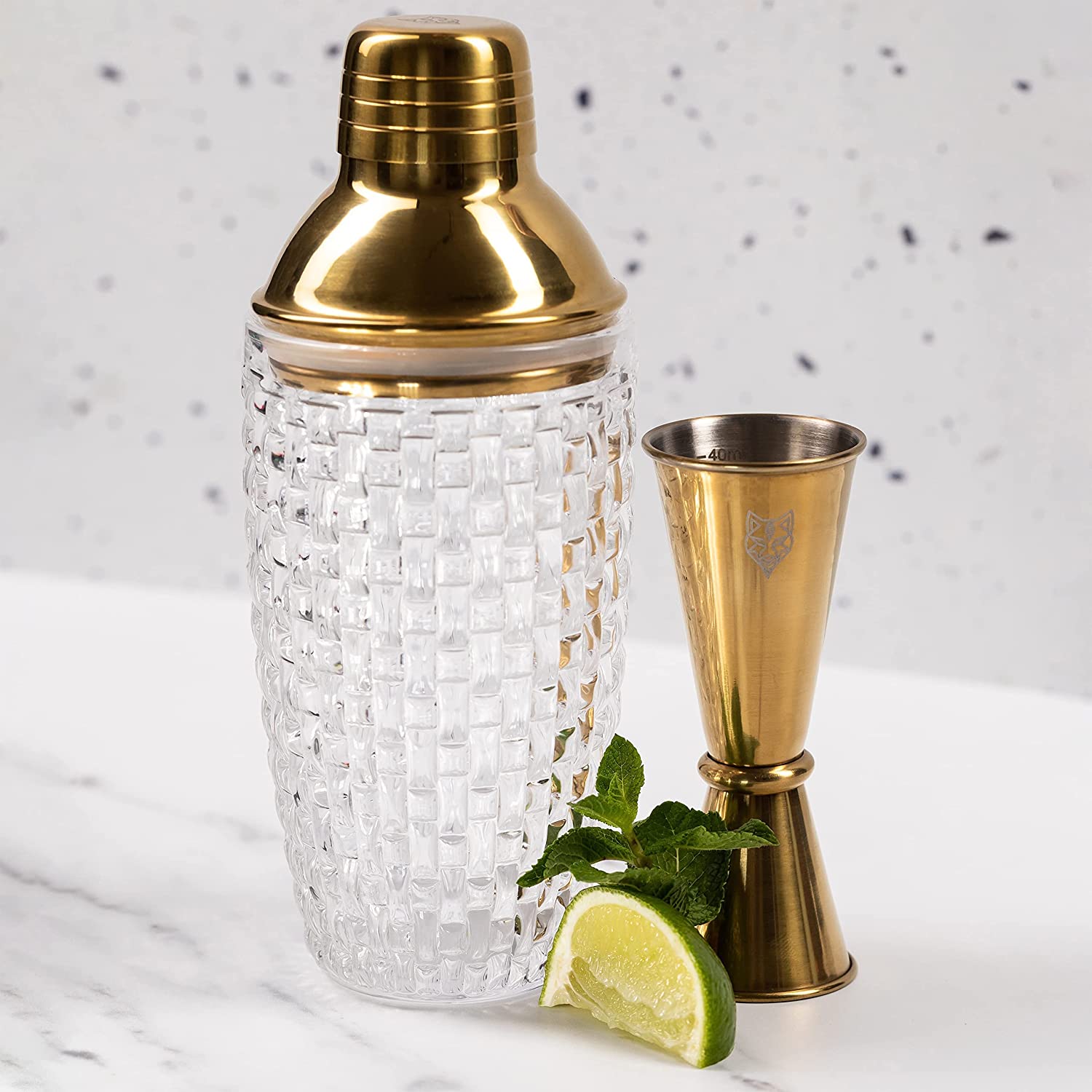 Gold Cocktail Making Set with Glass Cocktail Shaker and Jigger