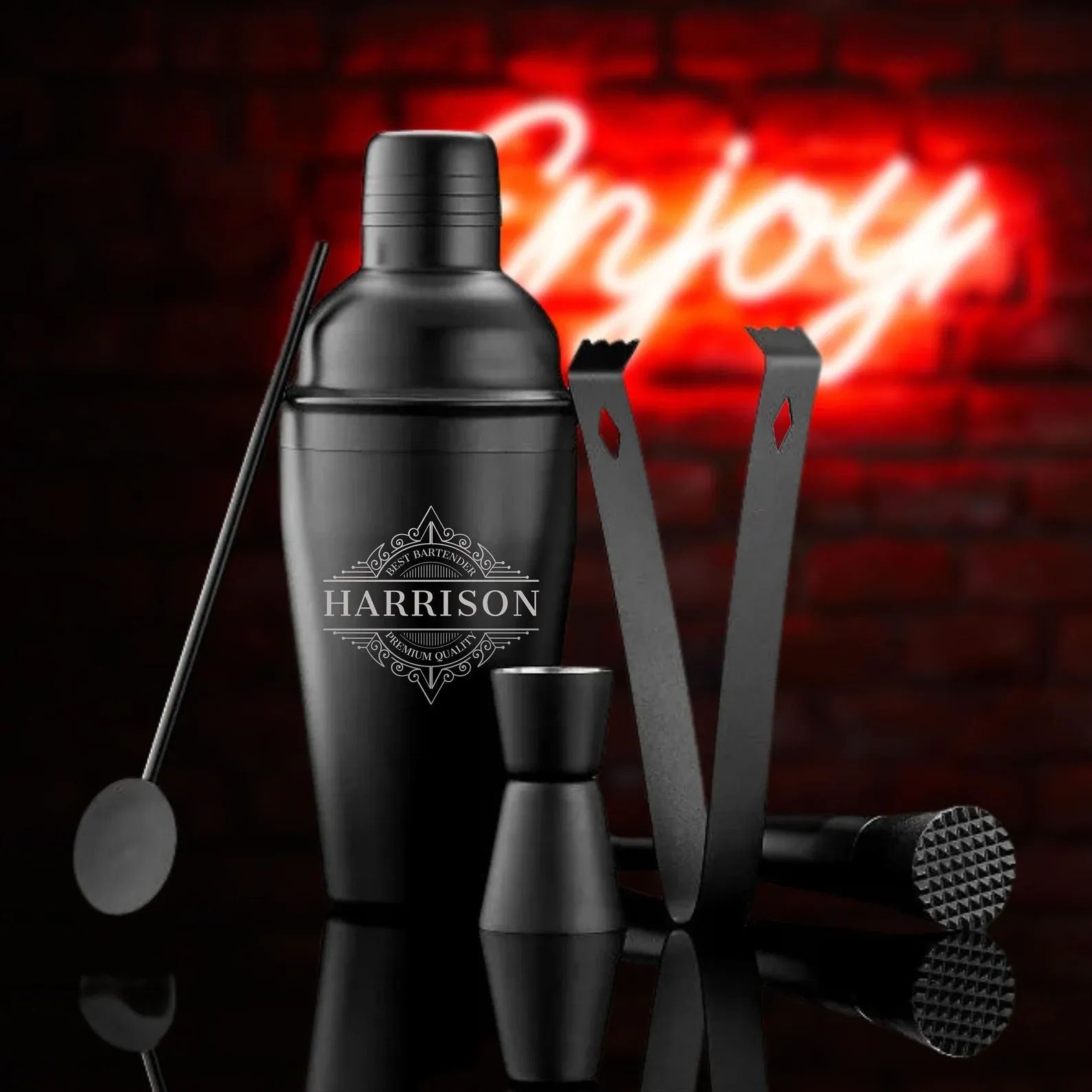 Engraved Matte Black Cocktail Shaker Barware Set in Gift Box