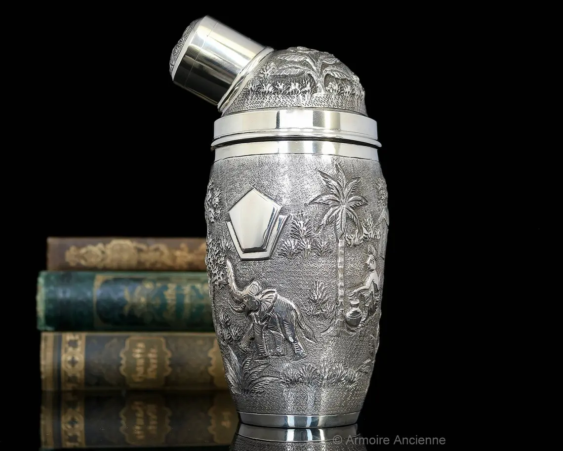 Sterling Silver COCKTAIL SHAKER with Tribal Elephant Decor