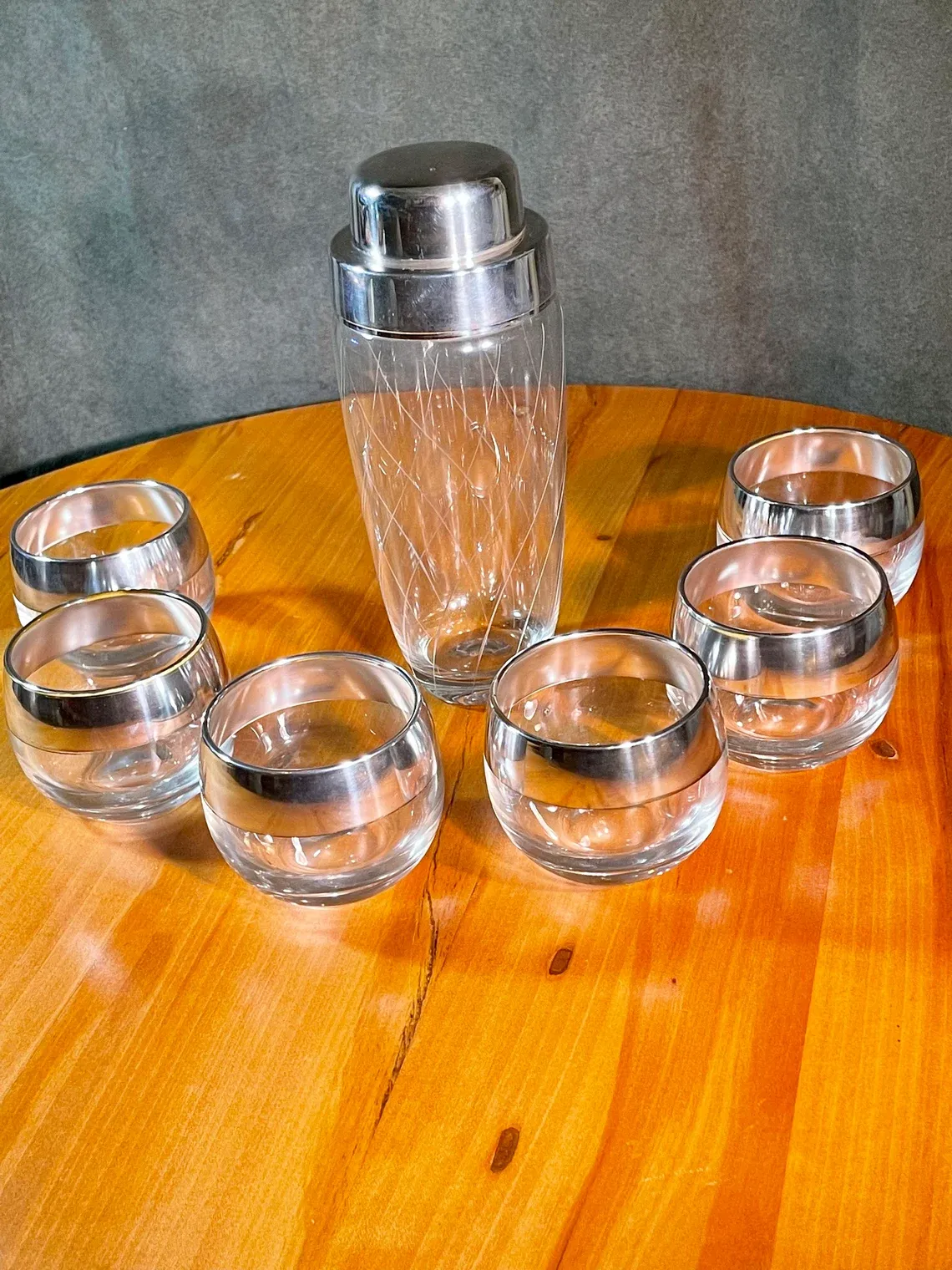 Vintage Dorothy Thorpe Silver Rim Glass Cups and Shaker