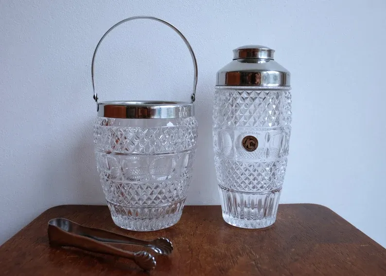 Val Saint Lambert Crystal Glass Cocktail Shaker and Matching Ice Bucket