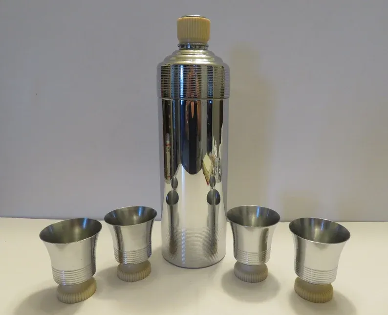 Art Deco Chase White Doric Catalin and Chrome Cocktail Shaker with Four Cocktail Cups - C. 1930