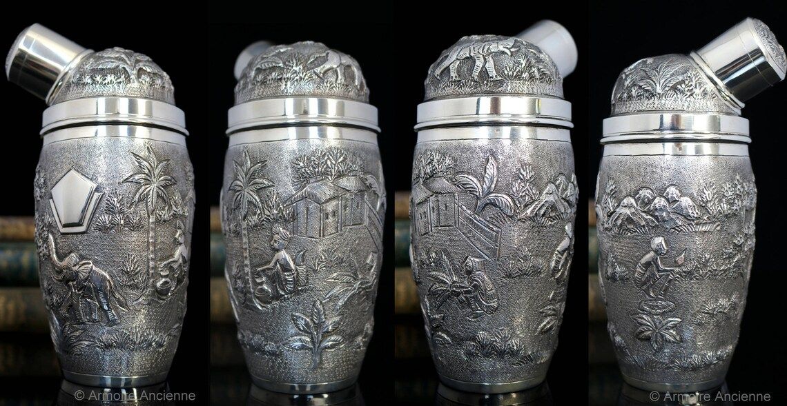 Vintage Cocktail Shaker - Sterling Silver Cocktail Shaker with Tribal Elephant Decor